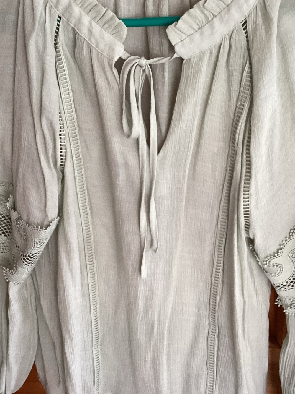 Women's Light Gray Tie-Neck Peasant Blouse with Lace Insets